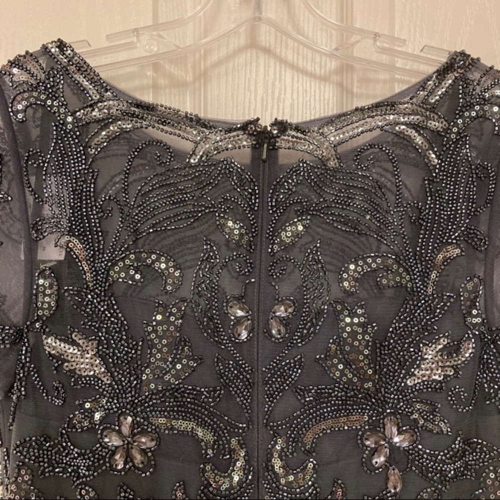 Xscape Beaded Bodice Embellished Short Sleeve Chiffon Gown in Charcoal Size 16 - Picture 9 of 13